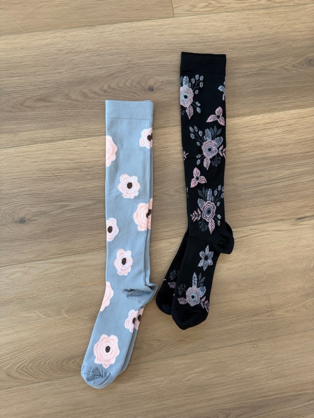 Floral Knee-High Socks - Gray & Black (2 Pairs)-NWOT
